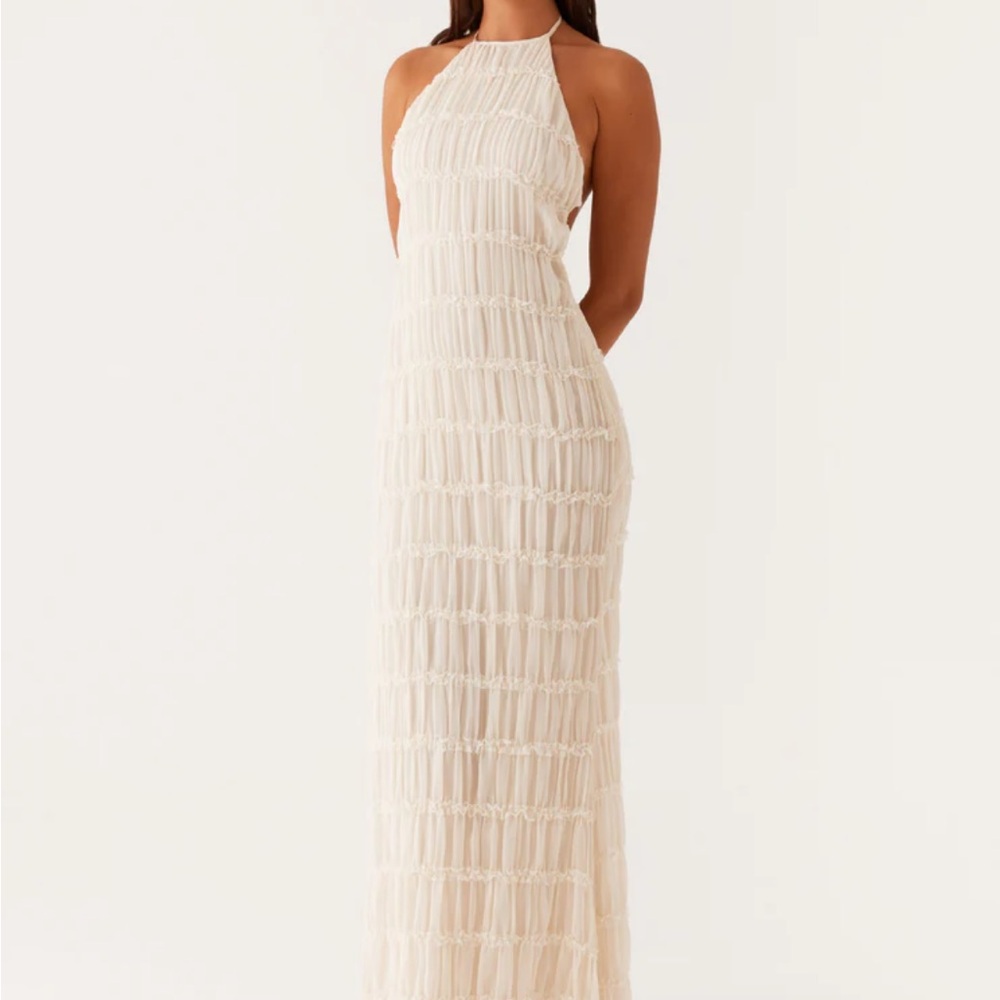 Peppermayo Cream Pleated Halter Gown